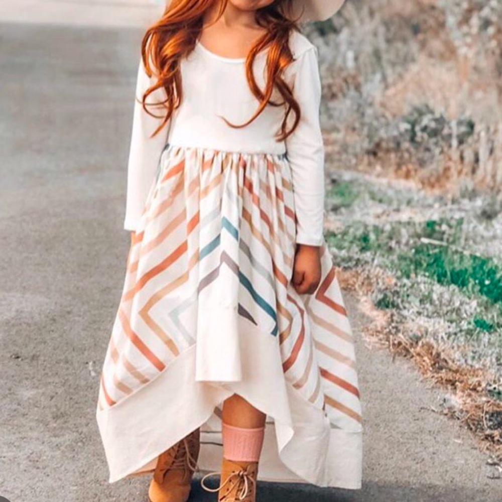 Pleiades Rainbow Prism asymmetrical dress with ballet bodice and long sleeves